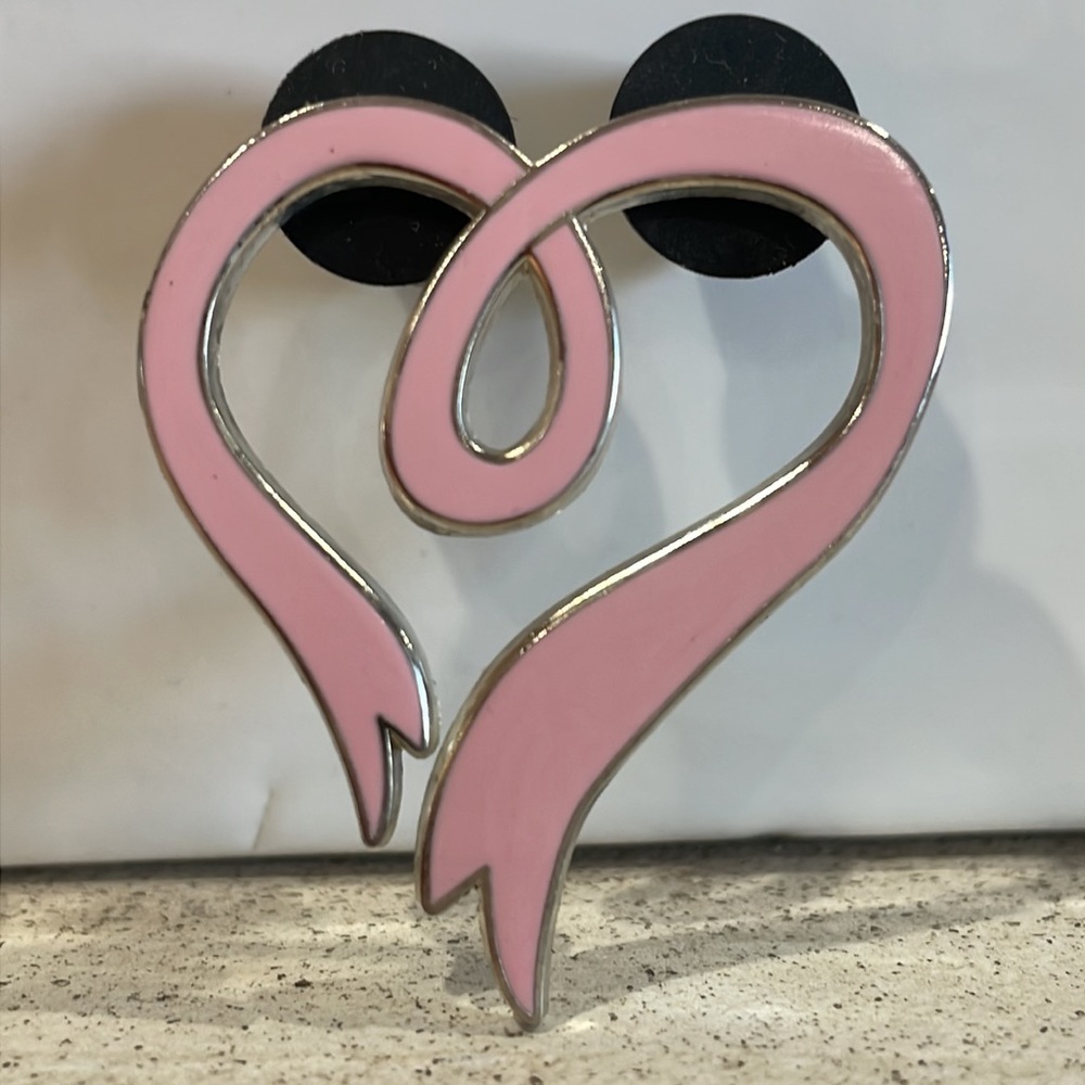 Vintage Pink Ribbon Heart Pin Open Design & Silver Tone